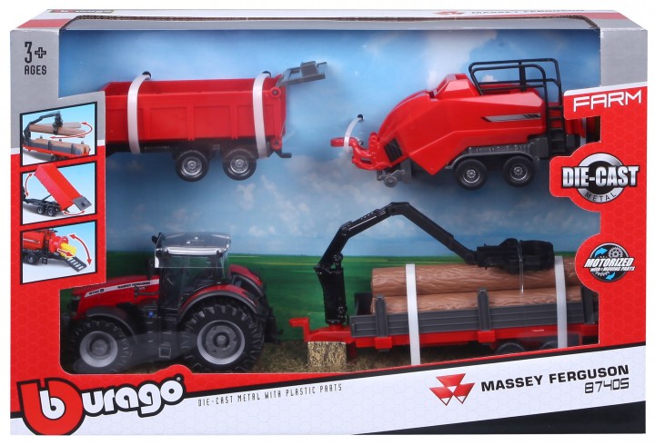 Massey Ferguson 8740S + 3 Trailers Set - 10cm