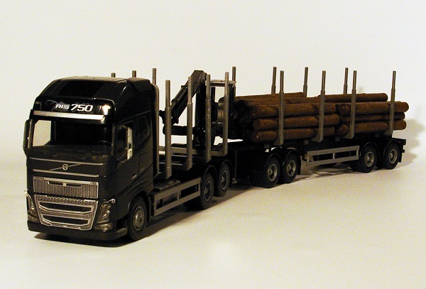 Volvo FH16 750 XL 6x4 Zwart Houttransporter met 4-as Houttransporttrailer - 1:25