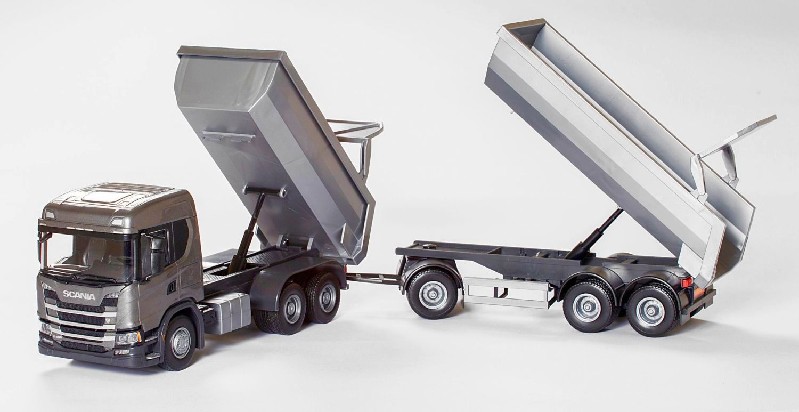 Scania G 6x4 Kieper Grijs met 3-As Kieptrailer Zilver - 1:25