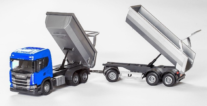Scania G 6x4 Kieper Blauw met 3-As Kieptrailer Zilver - 1:25