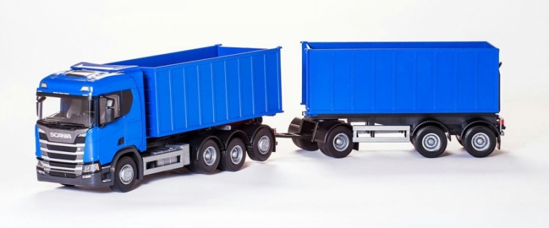 Scania R500 met Afzetcontainer + Trailer Blauw - 1:25