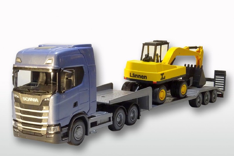 Scania S 6x4 Blue with Lowloader and Excavator - 1:25
