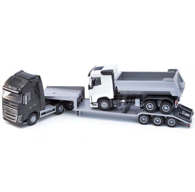 Volvo FH16 6x4 Zwart met Dieplader en 3-As Kieper - 1:25