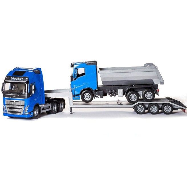 Volvo FH16 6x4 Blauw met Dieplader en 6x4 Kieper - 1:25