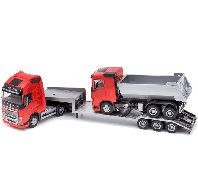 Volvo FH16 6x4 Rood met Dieplader en 6x4 Kieper - 1:25