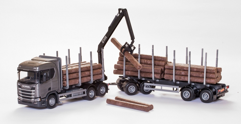 Scania R450 6x4 Grijs Hout Transporter met 4-as Houttransport trailer - 1:25