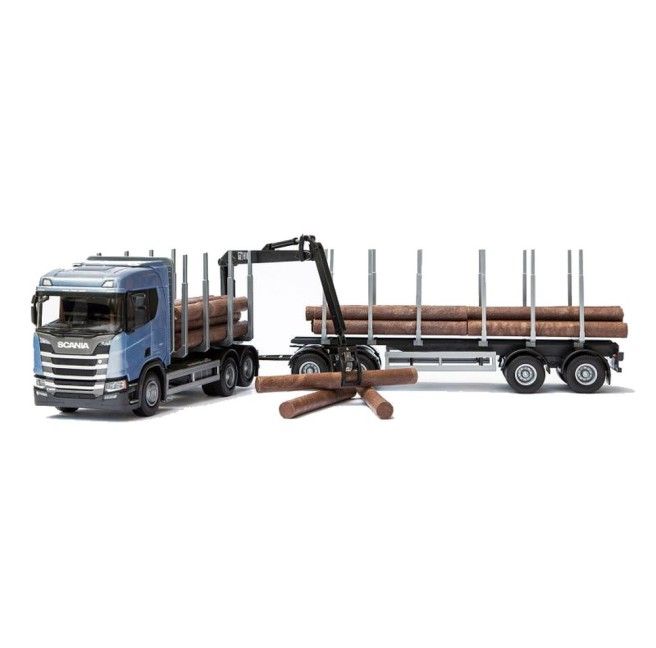 Scania R450 6x4 Blauw Hout Transporter met 4-as Houttransport trailer - 1:25
