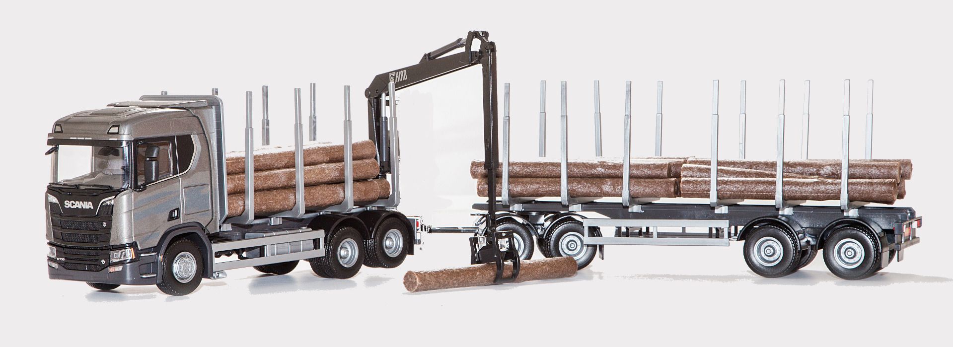Scania R730 6x4 Grijs Hout Transporter met 4-as Houttransport trailer - 1:25