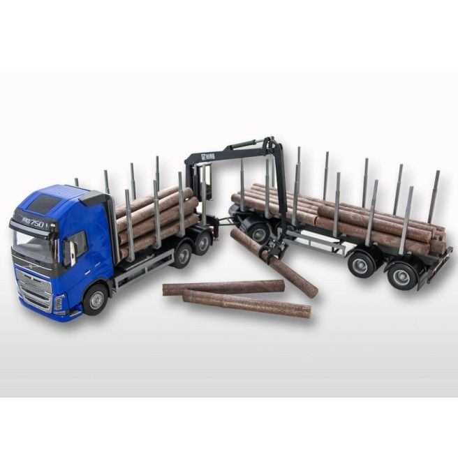 Volvo FH16 750 XL 6x4 Blauw Hout Transporter met 4-as Houttransporttrailer - 1:25