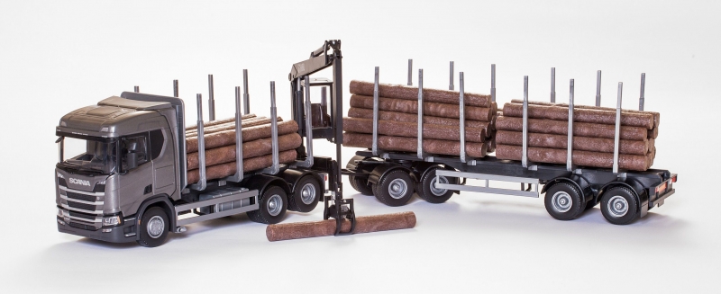 Scania R450 6x4 Grijs Houttransporter en Kraan met Cabine met 4-as Houttransport Trailer - 1:25