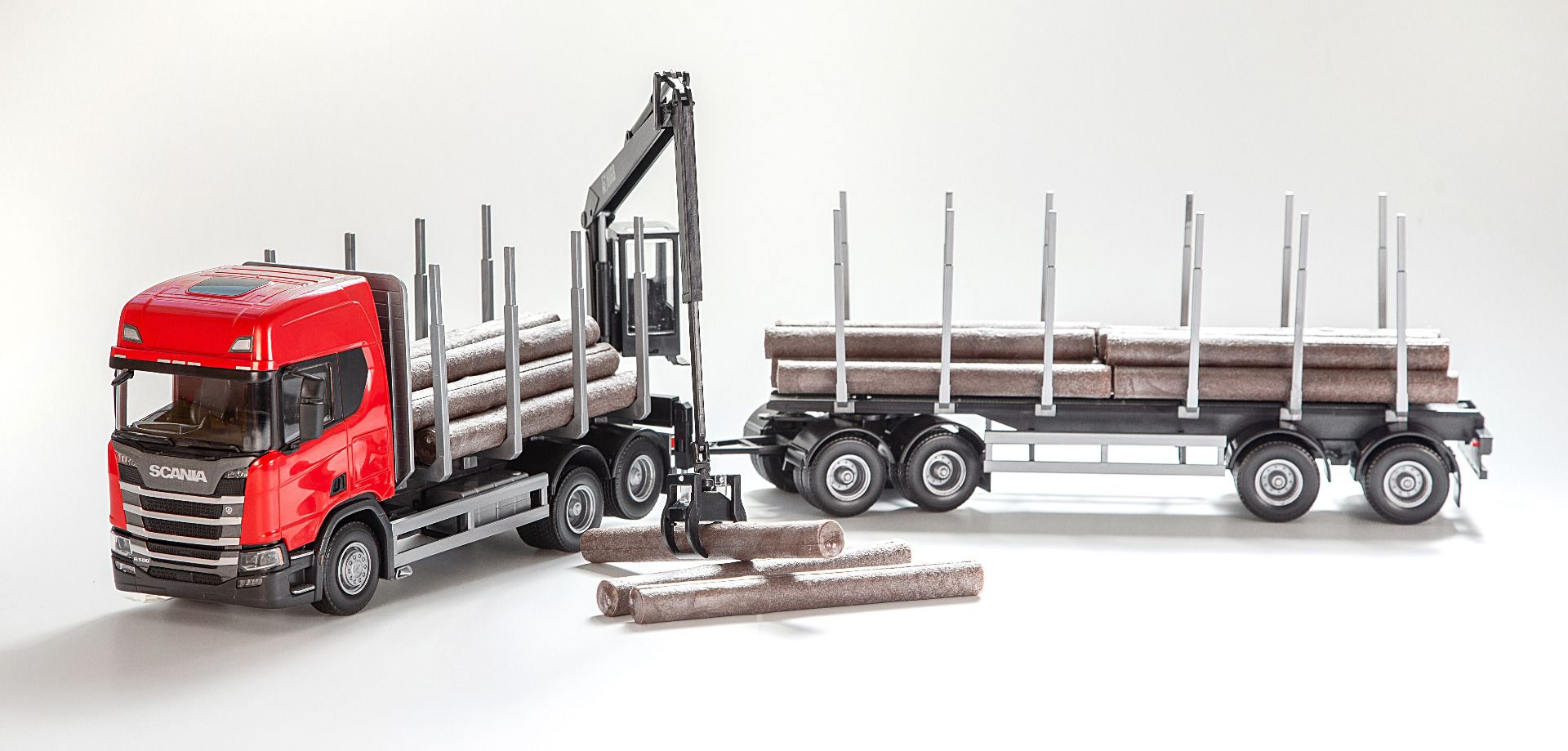 Scania CR 20H 6x4 Rood Houttransporter en Kraan met Cabine met 4-as Houttransport Trailer - 1:25