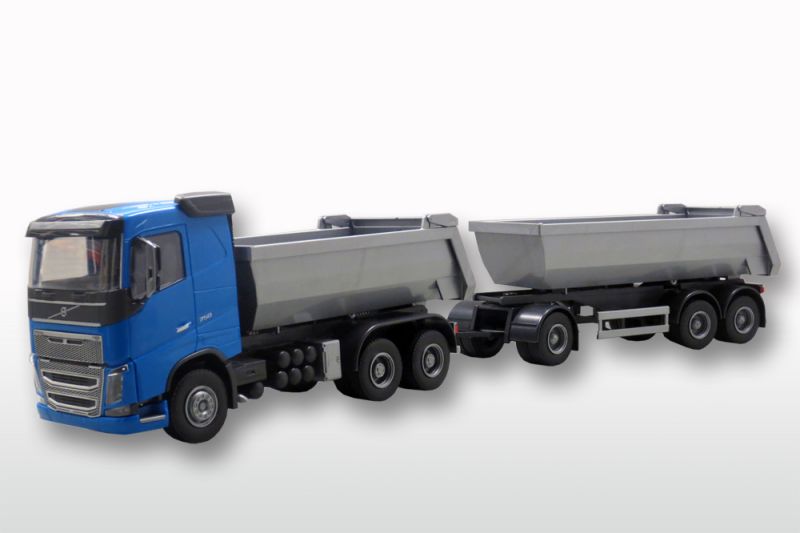 Volvo FH16 6x4 Kieper Blauw met 3-As Kieptrailer Zilver - 1:25