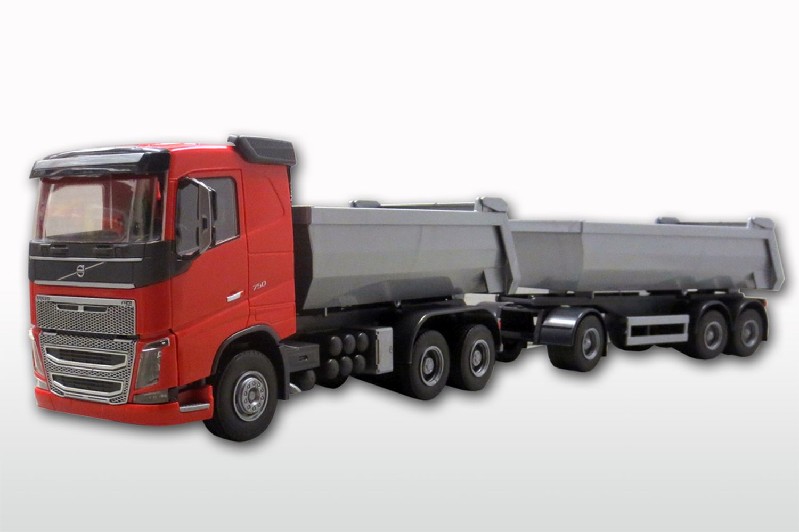 Volvo FH16 6x4 Kieper Rood met 3-As Kieptrailer Zilver - 1:25