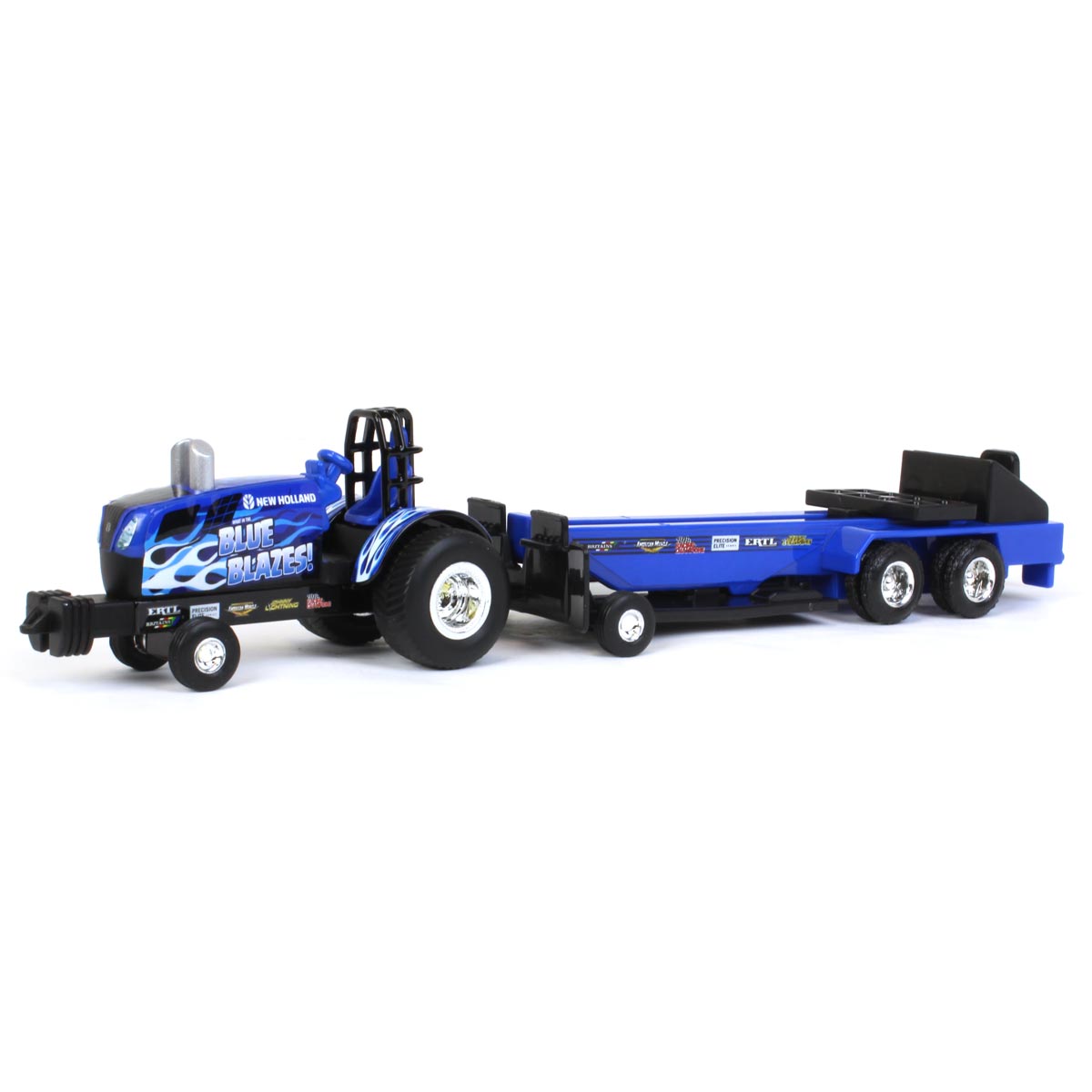 New Holland Pulling Tractor Blue Blazes with Pulling Sled - 1:64