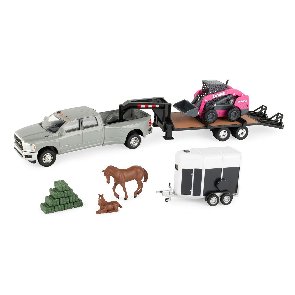 Dodge RAM 3500 with Gooseneck Trailer + Case SV340B Skid Steer + Horse Trailer + Accessoires - 1:32