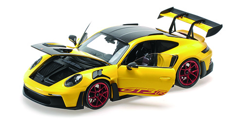Porsche 911 (992) GT3 RS Weissach package 2024 Geel met Rode velgen - 1:18