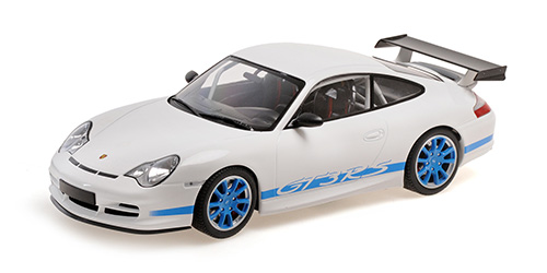 Porsche 911 (996) GT3 RS 2002 Wit met bluawe strepen - 1:18