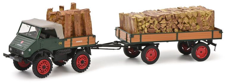 Mercedes-Benz Unimog 401 + Aanhanger en Houtlading - 1:43