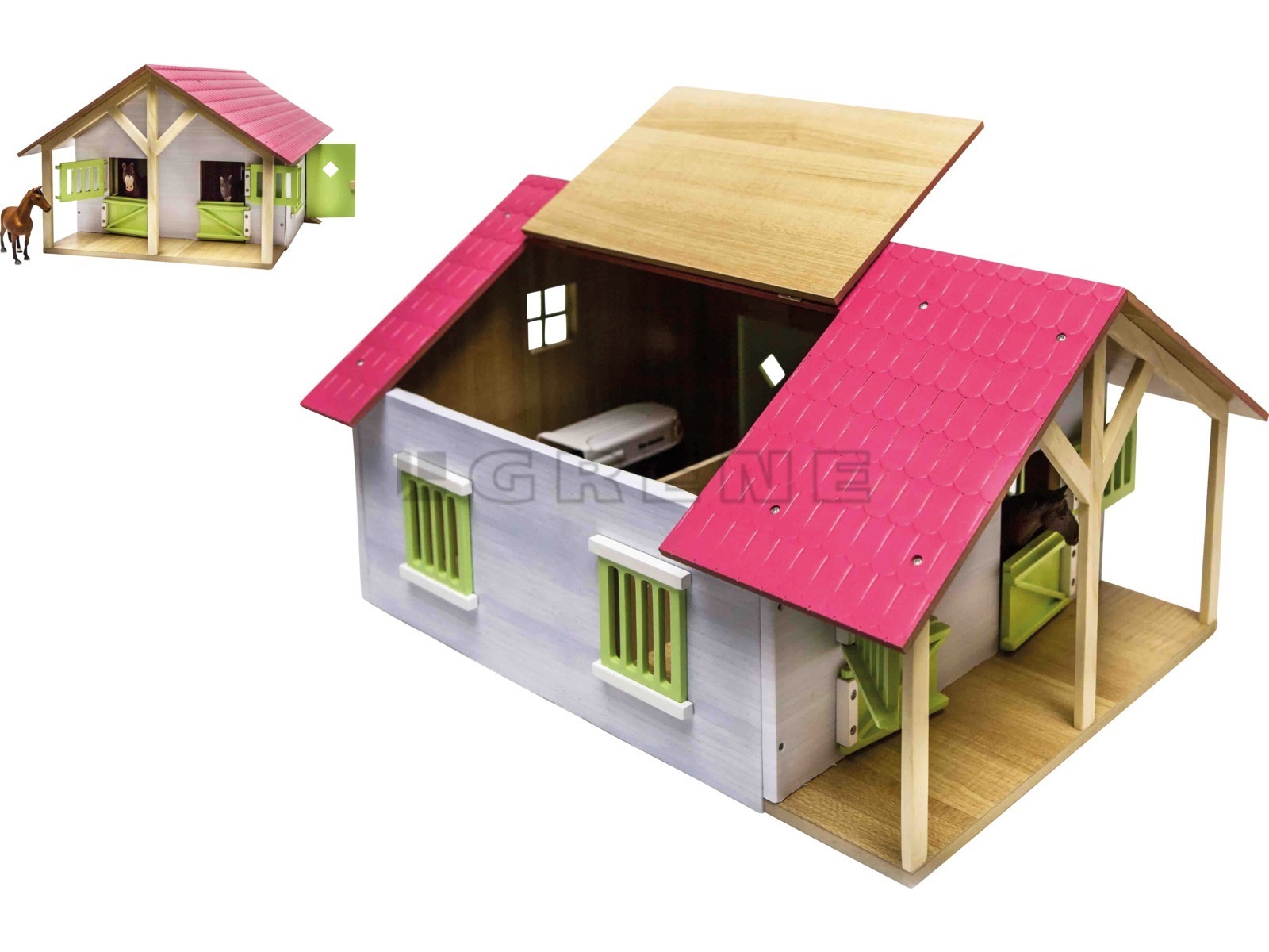 Roze Paardenstal hout met 2 boxen en berging 51x40,5x27,5cm