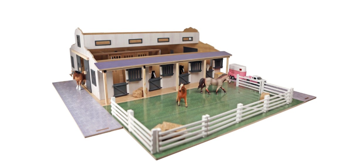 Paardenstal met 7 boxen en weiland 75x69x31cm - 1:24